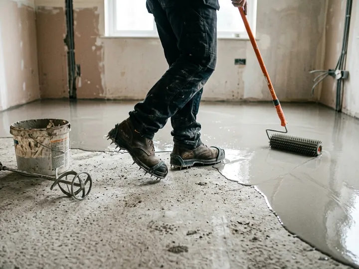 Rozlitá samonivelační stěrka na betonovém podkladu a ježkový válec
